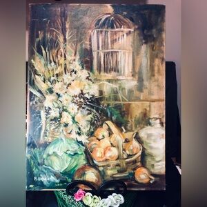 Still Life Floral and Fruit Canvas Wall Art - Green and Orange by M. Hupalo